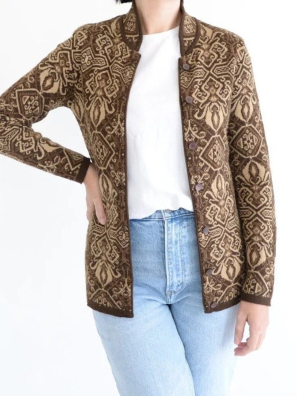 Vintage Cherry Lewis  36% Wool Brown  Tan Button Down Cardigan Small